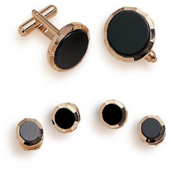 Gold and Onyx Cufflink and Studs with Bevel Front : Formal Dimensions